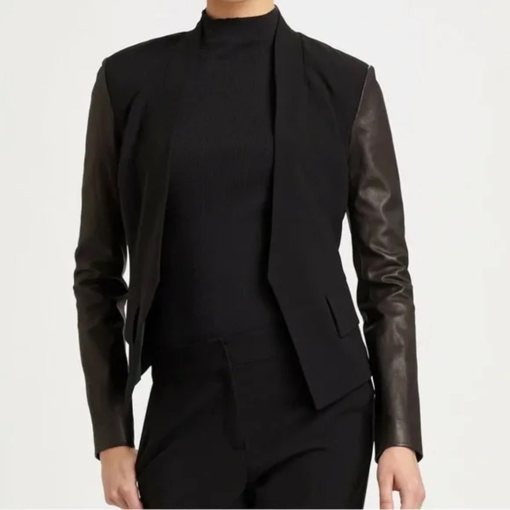St. John Caviar Black Lamb Leather Open Front Blazer Jacket - Picture 3 of 16